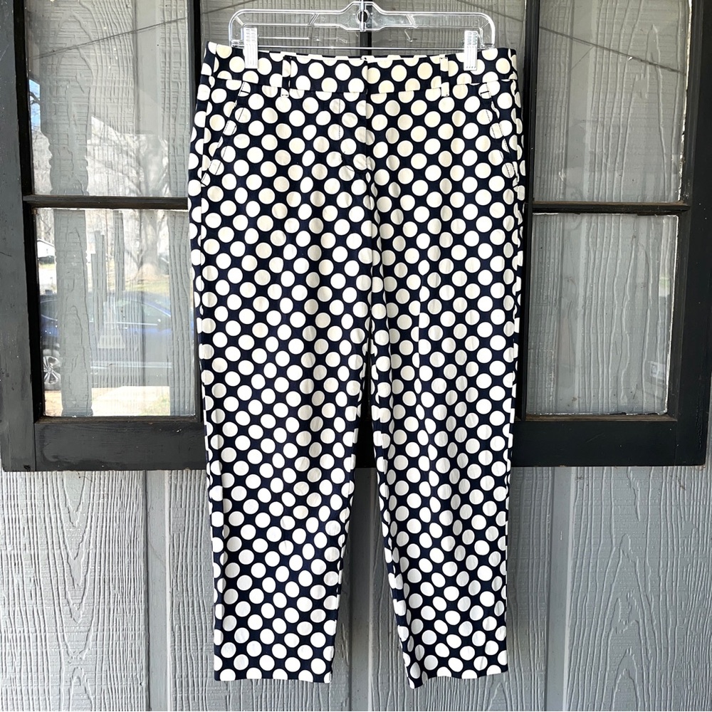 J. Crew “stretch” ankle pants, City Fit style, navy blue with white polka dots - Picture 1 of 11
